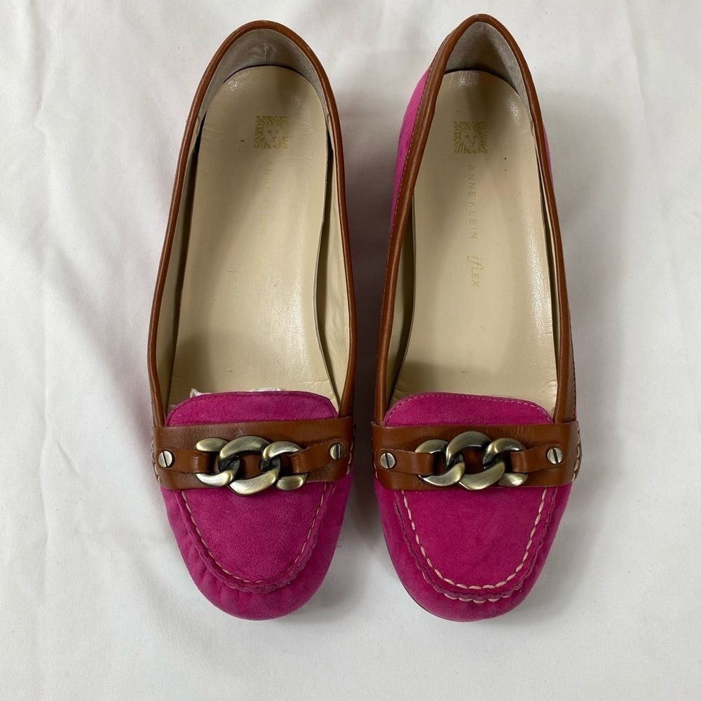 Ann Klein 9.5 pink flats with bronze chain flex cushioned